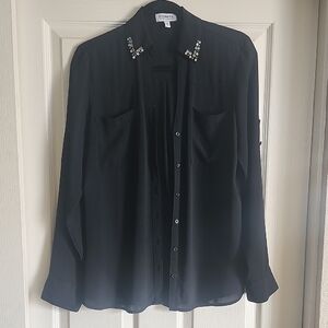 Express Black Long-Sleeve Button-Down Blouse with Crystal Collar